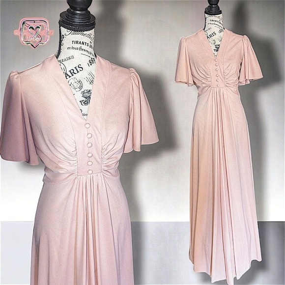 Vintage 70s Does 40s Blush Maxi Dress w Flutter Sleeves, Small - Picture 1 of 8